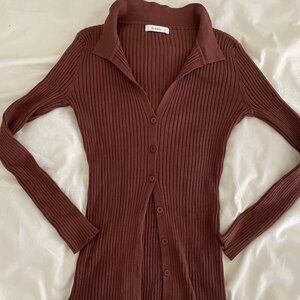 DISSH Size 6 Button Brown, Collared Shirt, Ribbed